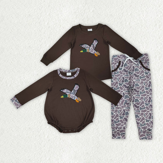 Sibling Embroidery Baby Boys Brown Duck Top Camo Rompers Outfits Sets