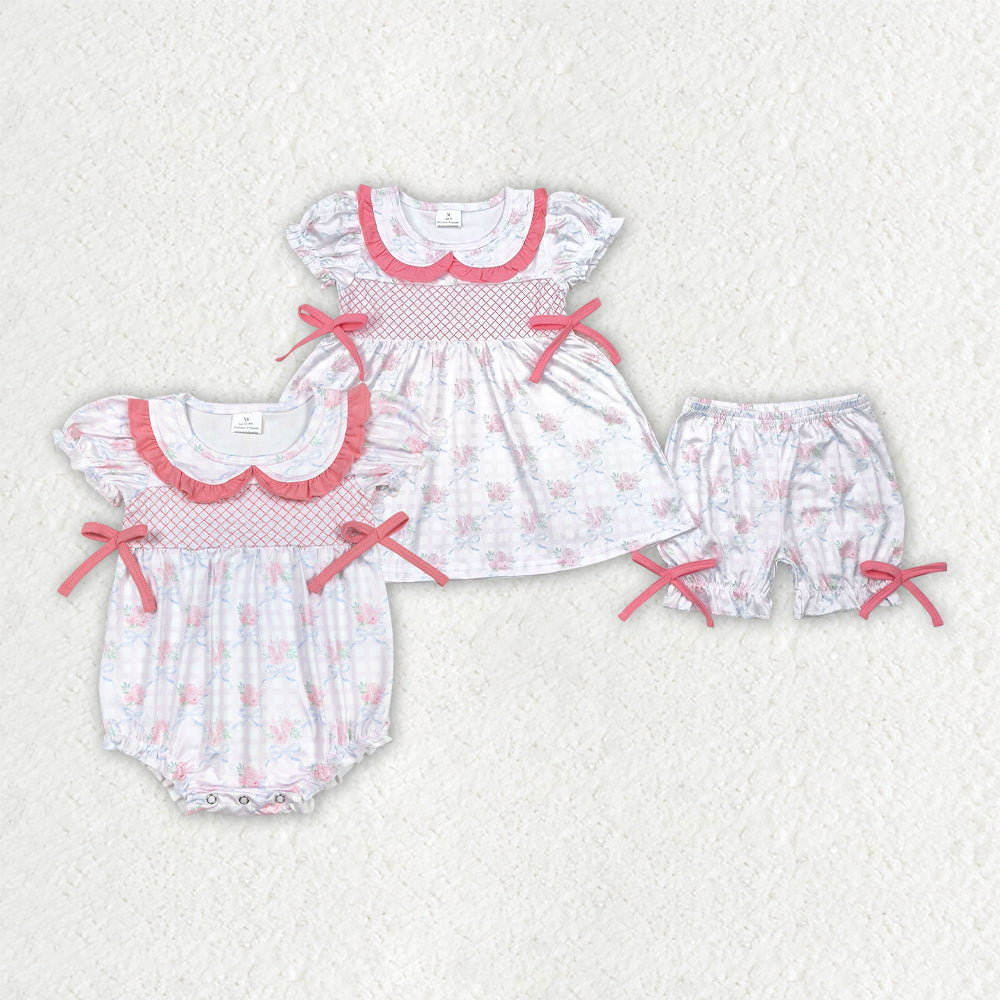 Embroidery Baby Girls Pink Bows Rompers Outfits Sets