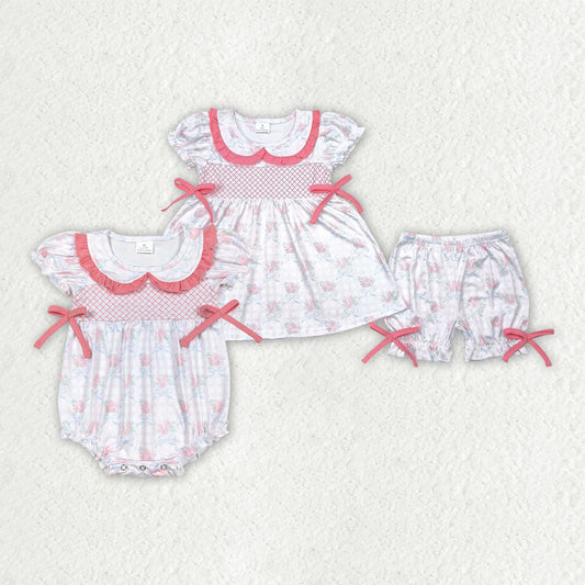 Embroidery Baby Girls Pink Bows Rompers Outfits Sets
