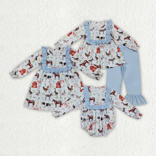 Sibling Baby Girls Farm House Animals Rompers Dresses Outfits
