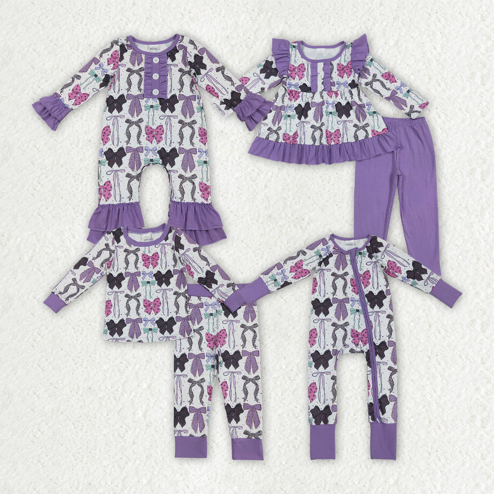Sibling Baby Girls Purple Bows Pajamas Rompers Outfits Sets