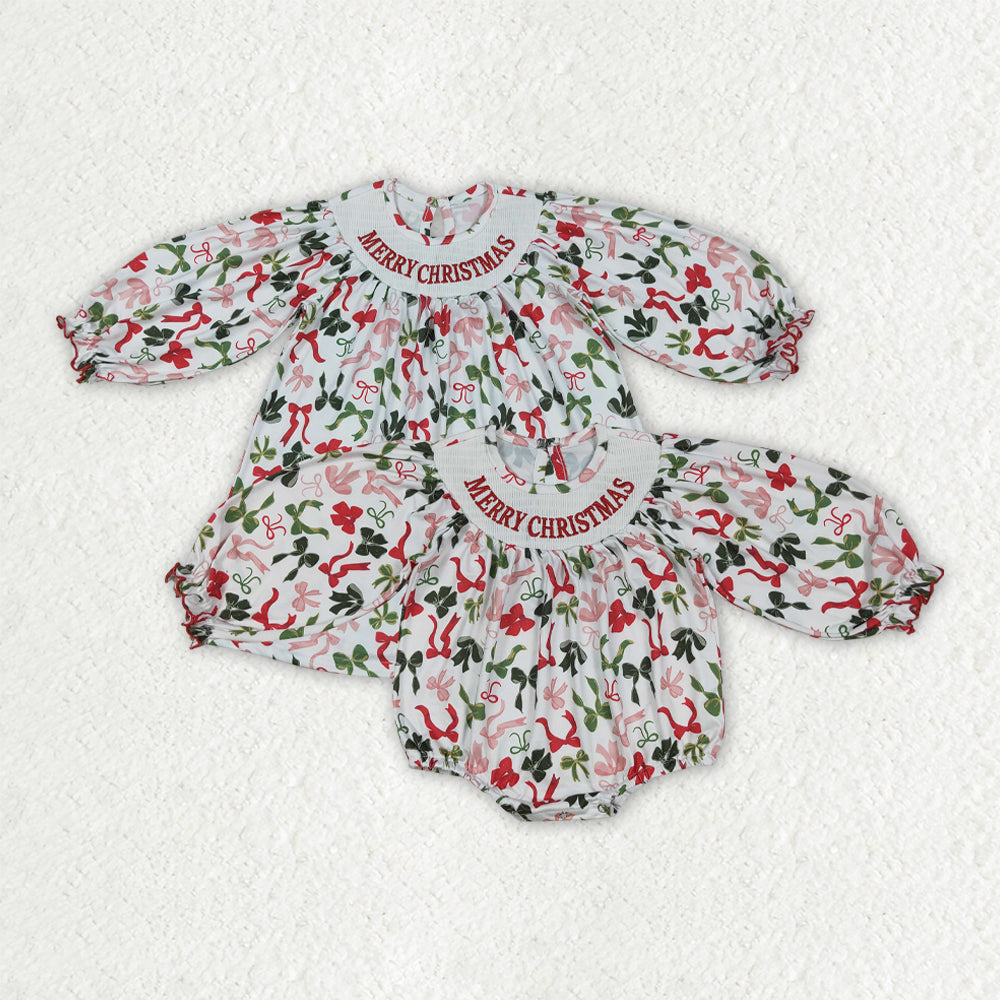 Sibling Baby Girls Smocked Embroidery Merry Christmas Rompers Dresses