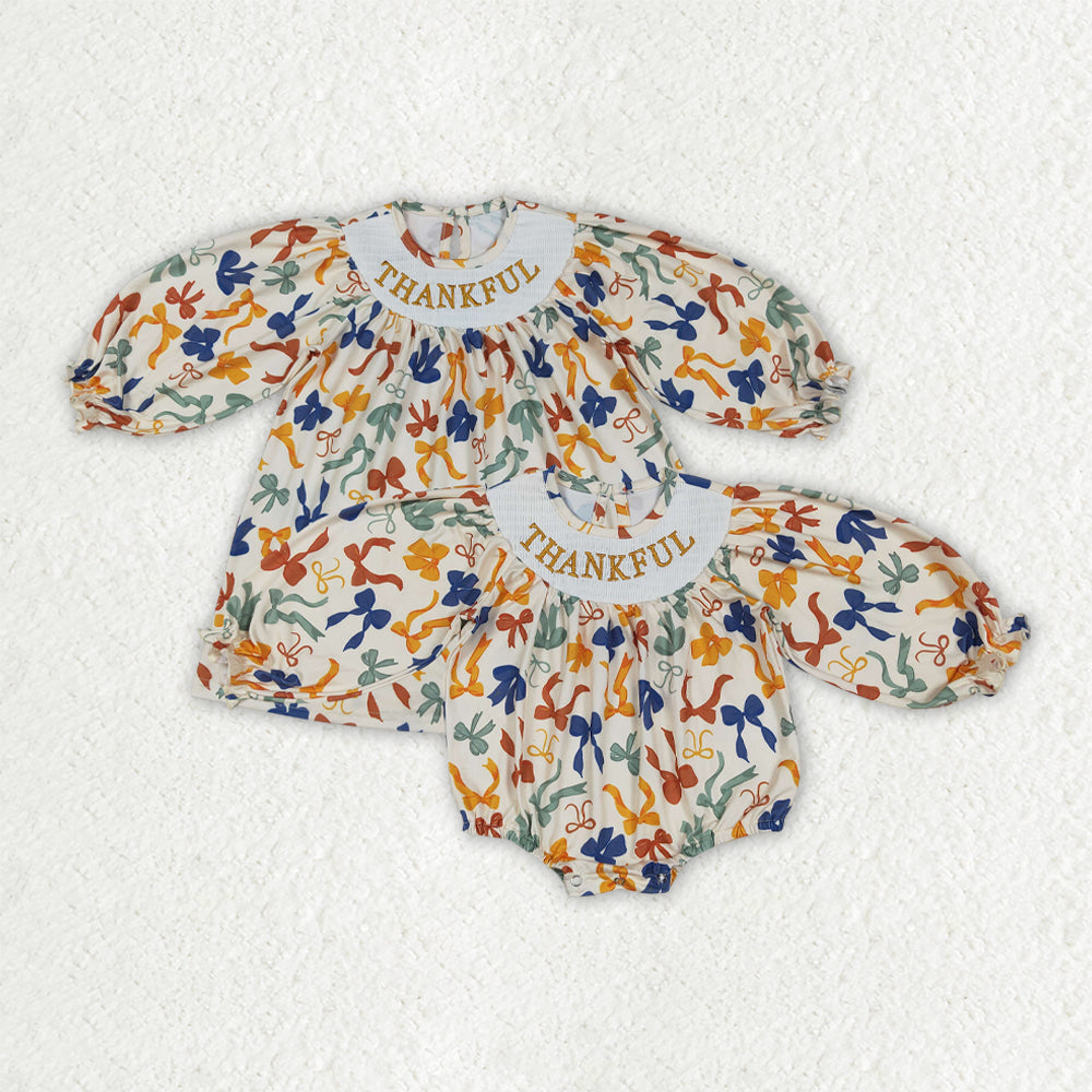 Sibling Smocked Embroidery Baby Girls Thanksgiving Thankful Colorful Bows Rompers Dresses