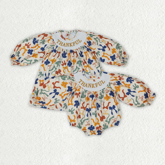 Sibling Smocked Embroidery Baby Girls Thanksgiving Thankful Colorful Bows Rompers Dresses