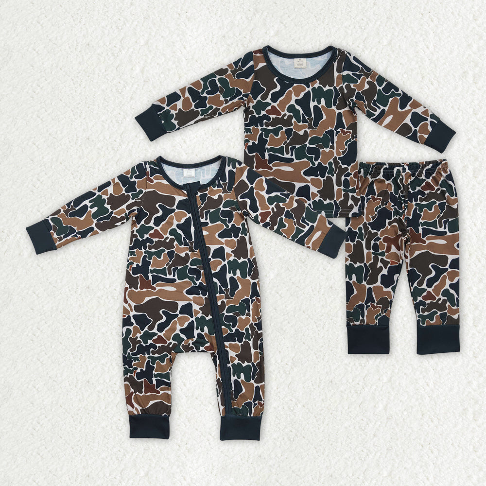 Baby Boys Sibling Brown Camo Bamboo Rompers Pajamas Clothes Sets