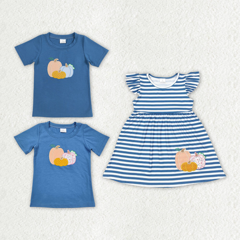 Baby Girls Boys Blue Stripes Pumpkin Sibling Shirt Dresses