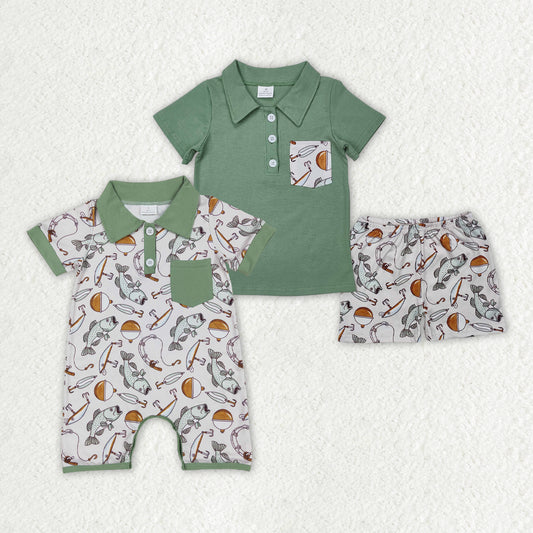 Sibling Baby Boys Green Pocket Shirts Fishing Rompers Sets