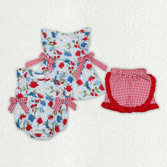 Sibling Baby Girls Flowers Bows Rompers Outfits Clothes Sets