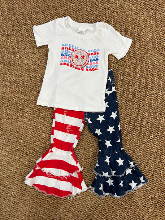 Baby Girls July 4th Smile Shirt Bell Denim Pants Clothes Sets