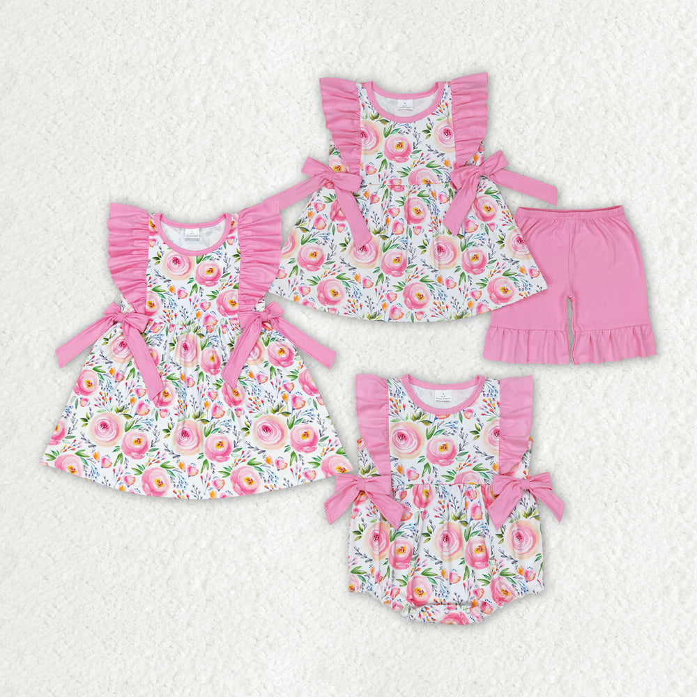 Baby Girls Pink Rose Flowers Summer Sibling Rompers Clothes Sets