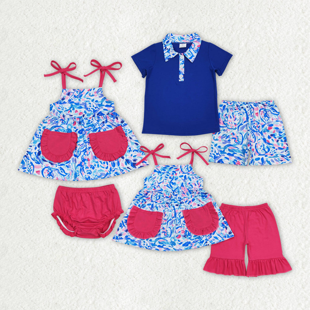 Baby Girls Blue Grasses Summer Sibling Boys Shorts Clothes Sets