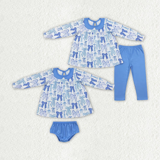 Baby Girls Blue Bows Sibling Fall Outfits Clothes Sets