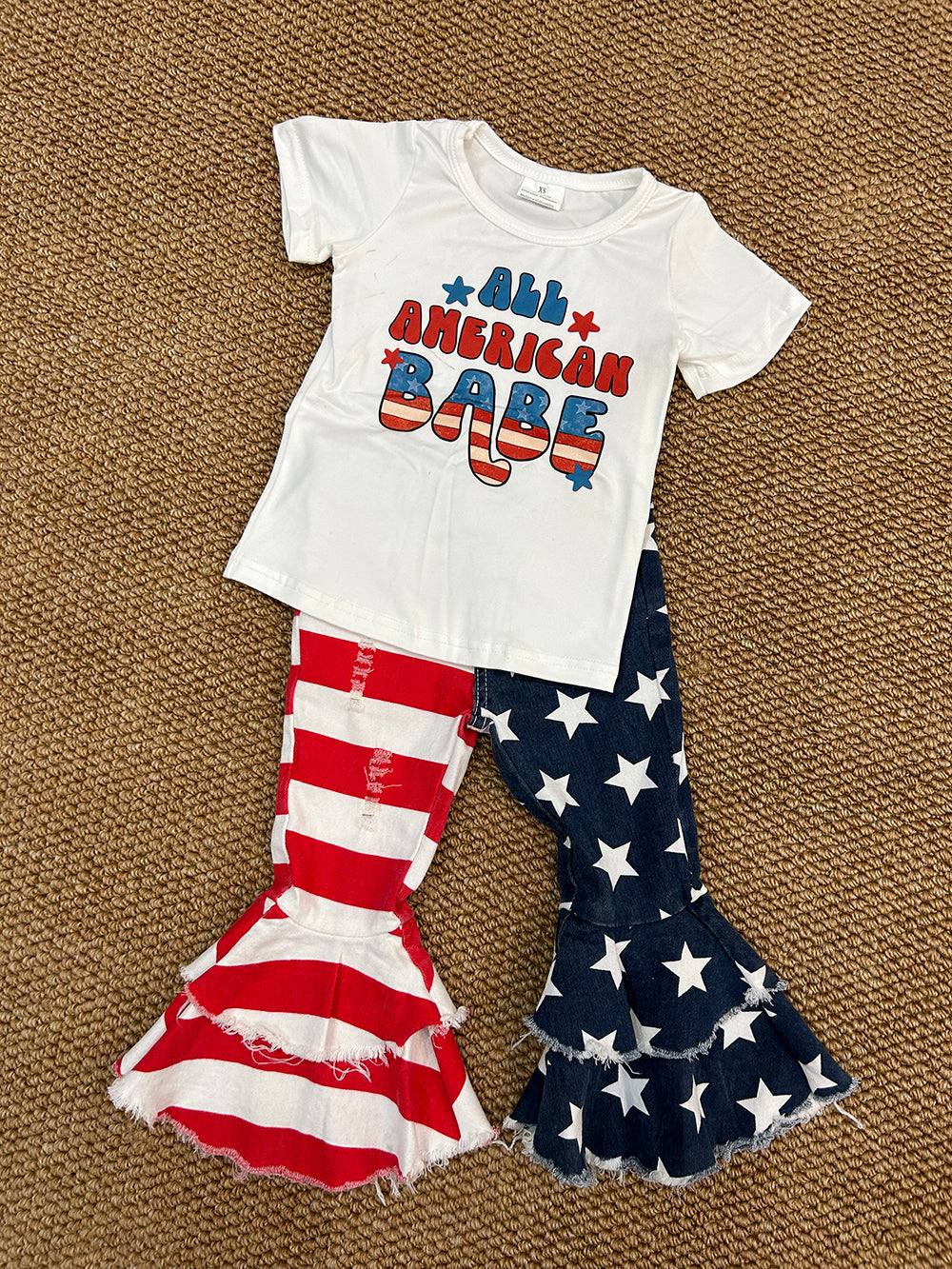 Baby Girls July 4th All American Babe Shirt Bell Denim Pants Clothes Sets