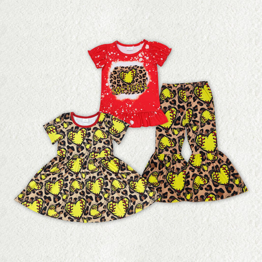 Sibling Baby Girls Softball Leopard Dresses Clothes Sets