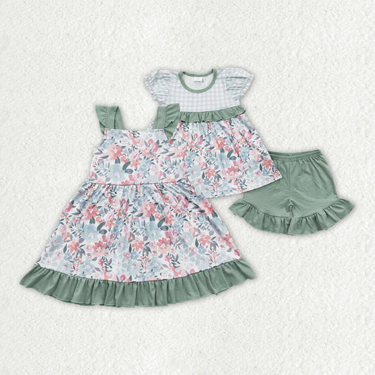 Sibling Baby Girls Green Floral Dresses Outfits Clothes Sets