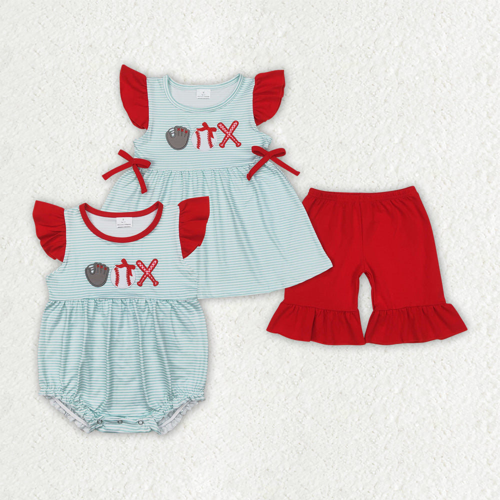 Sibling Embroidery Baby Girls Baseball Summer Rompers Outfits Sets