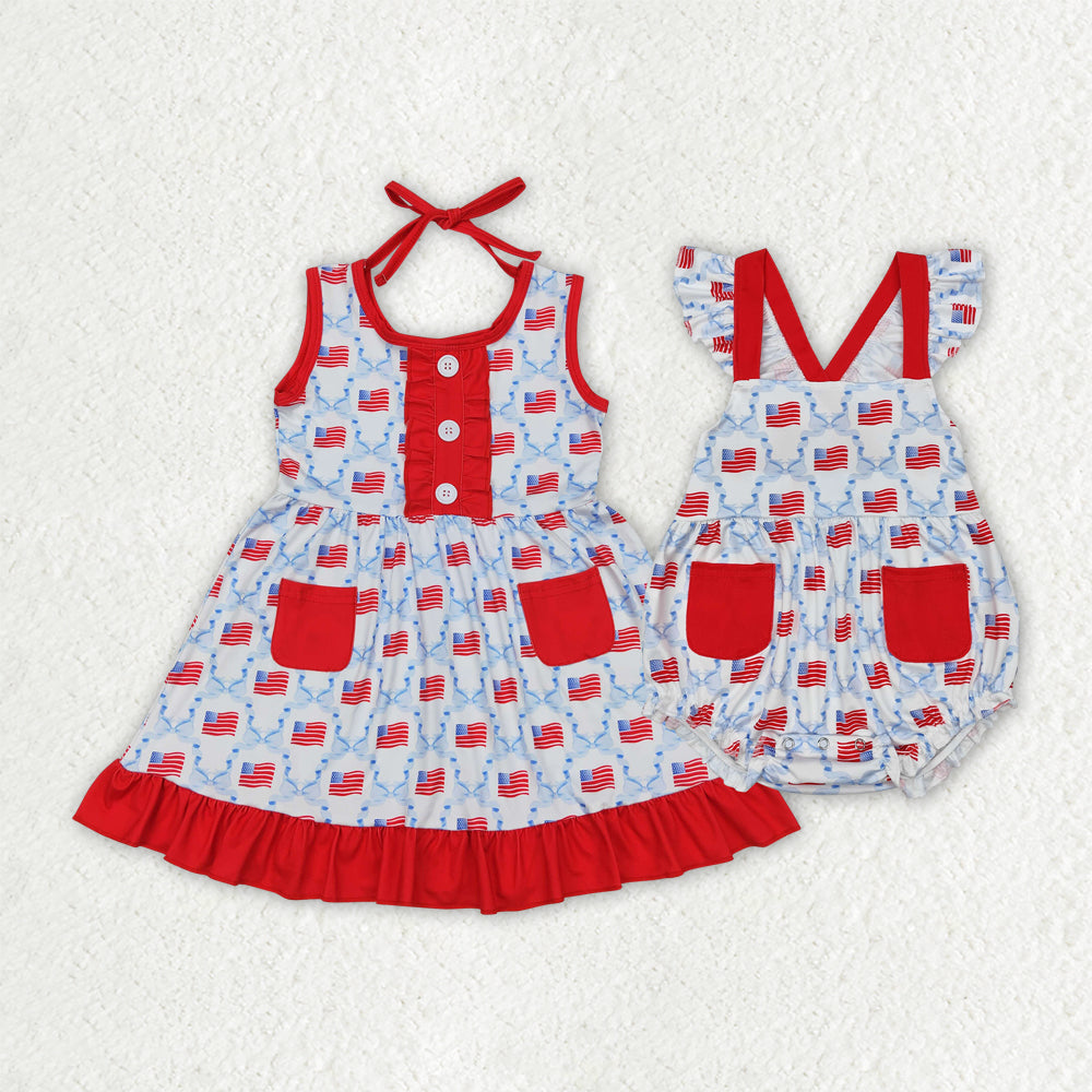 Sibling Baby Girls 4th of July Flag Bows Rompers Dresses