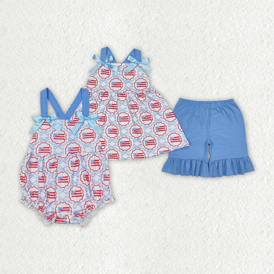 Sibling Baby Girls Blue Bows Flag Rompers Outfits Sets