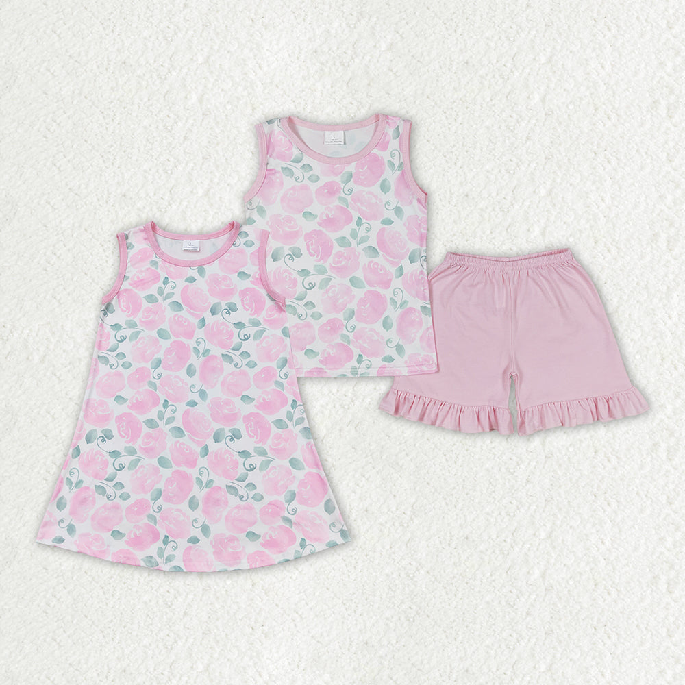 Sibling Baby Girls Pink Flowers Dresses Summer Outfits Sets