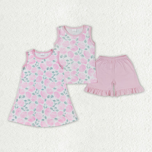 Sibling Baby Girls Pink Flowers Dresses Summer Outfits Sets