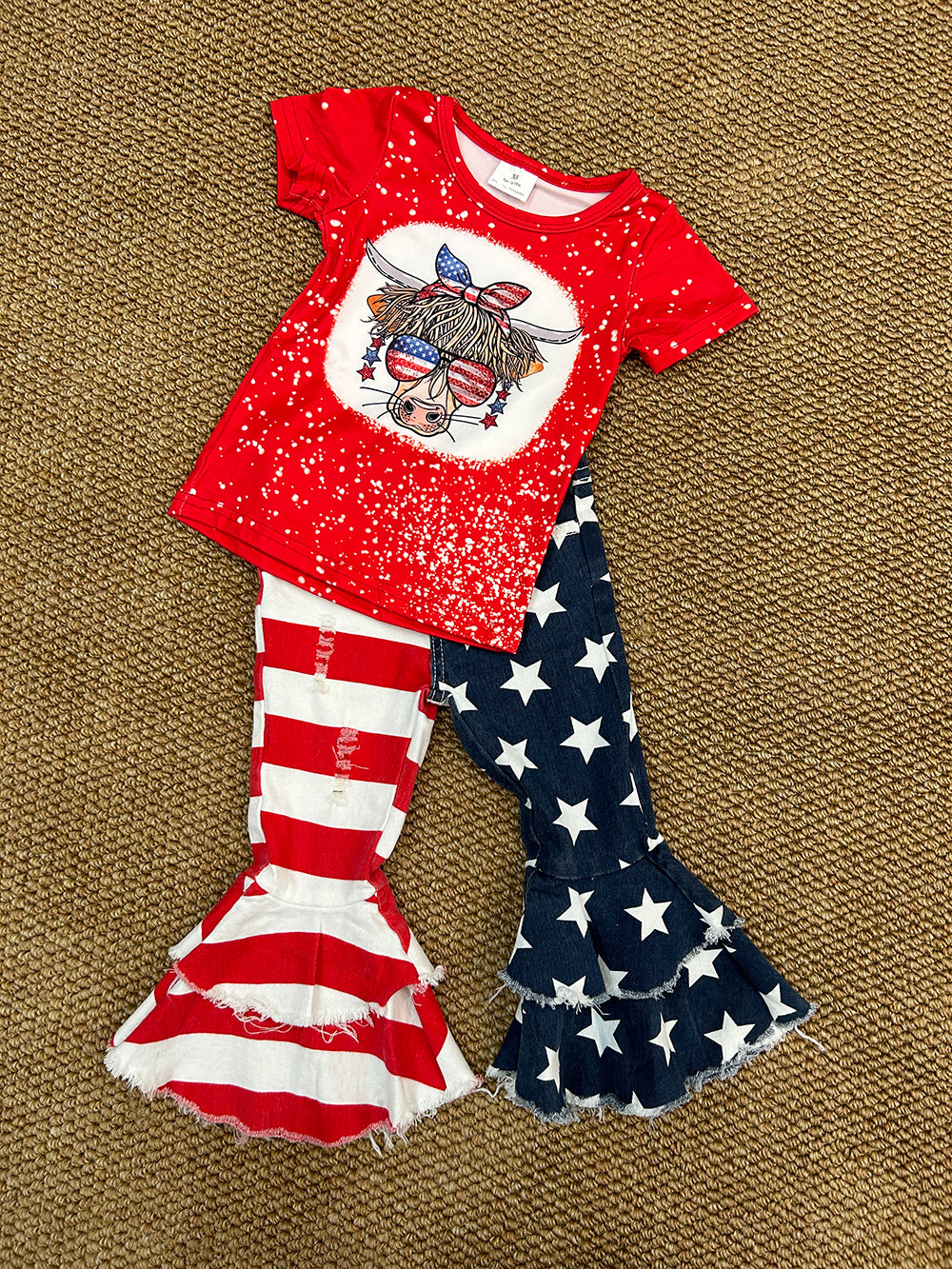 Baby Girls 4th Of July Cow Star Denim Bell Pants Clothes Sets