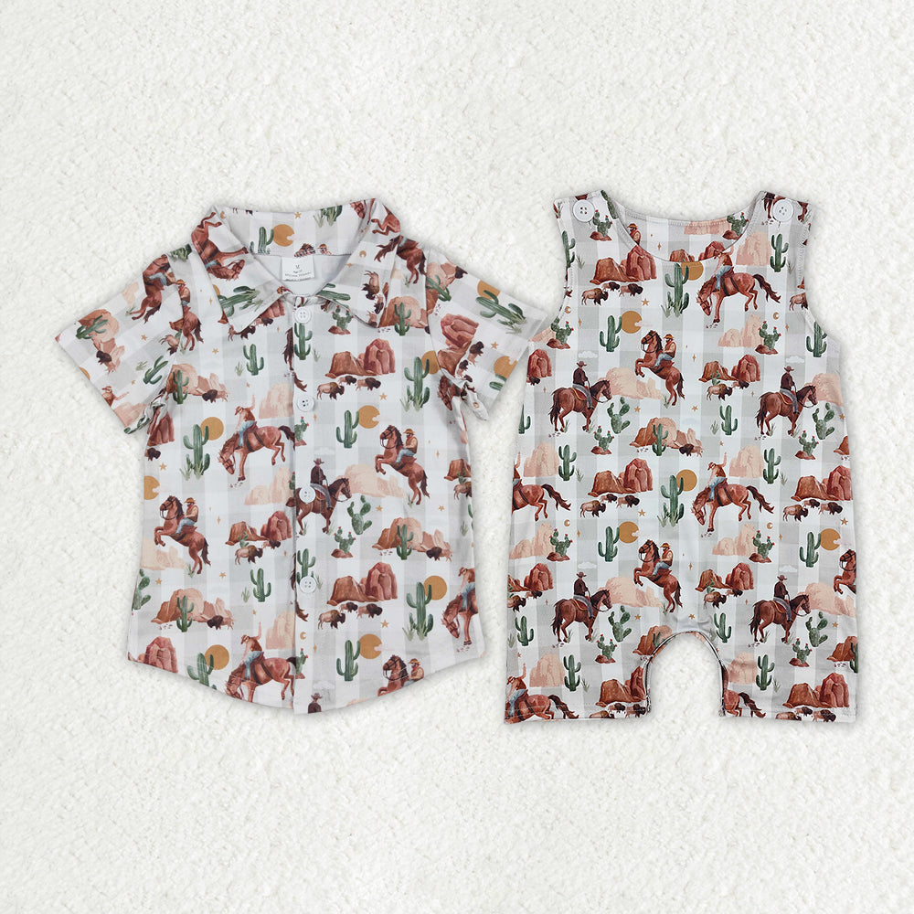 Sibling Baby Boys Western Cow Cactus Rompers Buttons Shirts