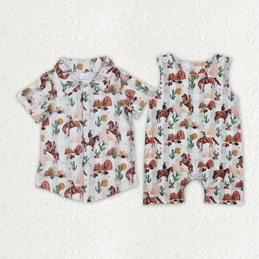 Sibling Baby Boys Western Cow Cactus Rompers Buttons Shirts