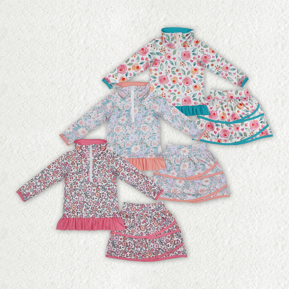 Sibling Baby Girls Flowers Zip Top Skirt Ruffle Skort Bottoms Sets