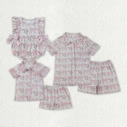 Family Women Baby Girls Pink Bows Flowers Rompers Pajamas Sets