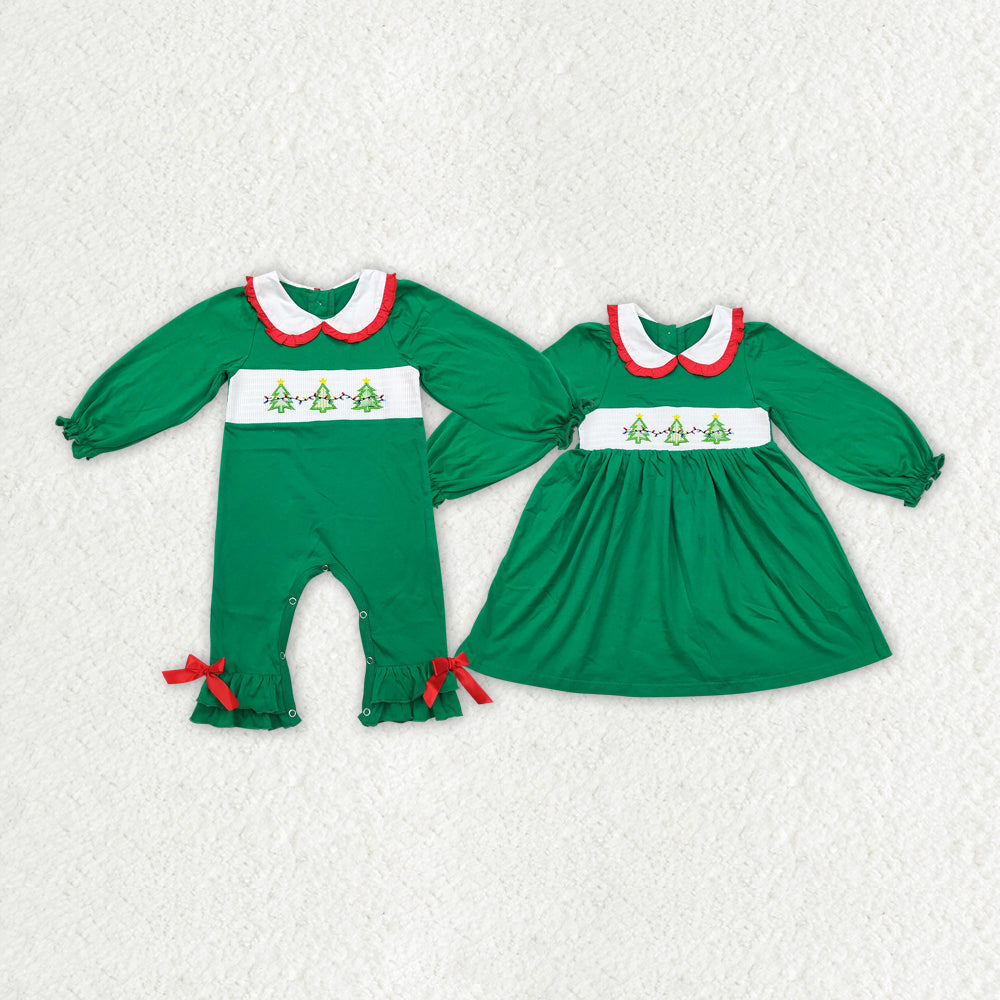 Baby Girls Christmas Tree Sibling Sister Smocked Rompers Dresses