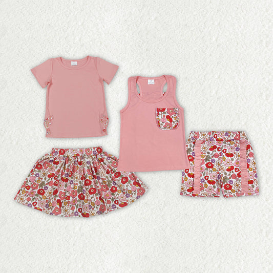 Sibling Baby Girls Coral Flowers Skort Clothes Sets