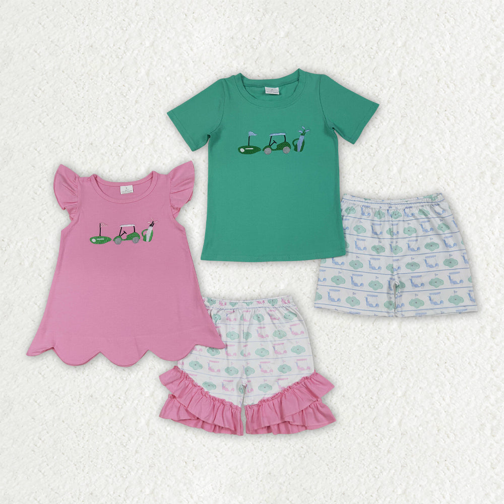 Sibling Embroidery Baby Girls Boys Golf Truck Summer Outfits Sets
