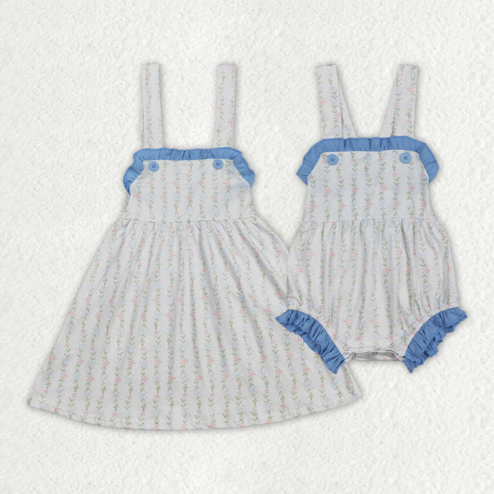 Sibling Baby Girls Flowers Leaves Ruffle Rompers Dresses