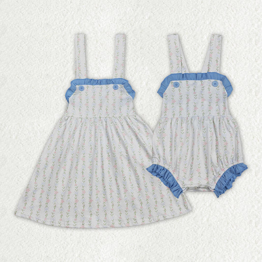 Sibling Baby Girls Flowers Leaves Ruffle Rompers Dresses