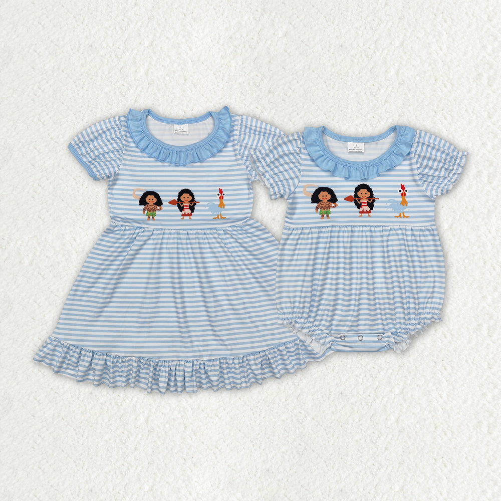Sibling Baby Girls Blue Stripes Princess Rompers Dresses