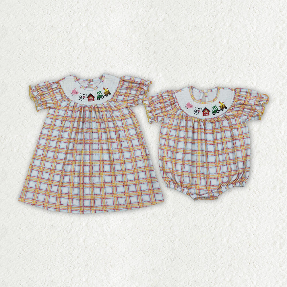 Sibling Baby Girls Fall Plaid Cows Farm Smocked Rompers Dresses