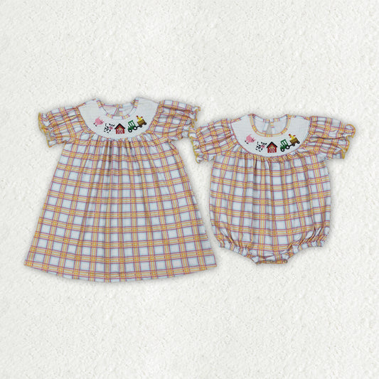 Sibling Baby Girls Fall Plaid Cows Farm Smocked Rompers Dresses