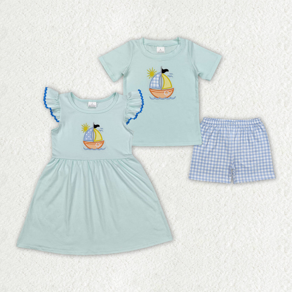 Sibling Girls Baby Boys Sailboat Embroidery Summer Dresses Clothing Sets
