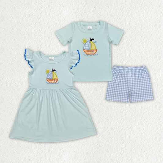 Sibling Girls Baby Boys Sailboat Embroidery Summer Dresses Clothing Sets