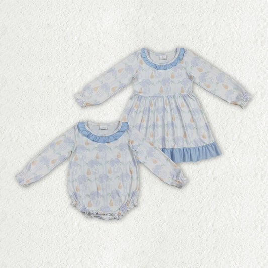 Sibling Baby Girls Blue Pumpkins Flowers Fall Rompers Dresses