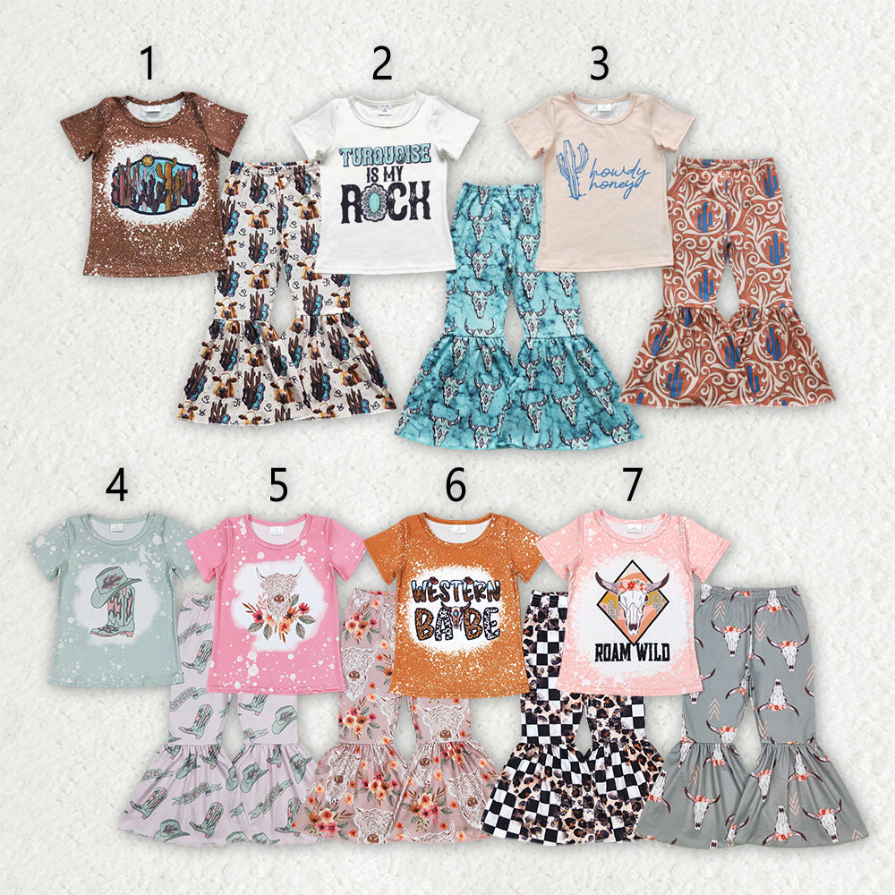 Sibling Baby Girls Western Shirts Bell Bottom Pants Outfits Sets
