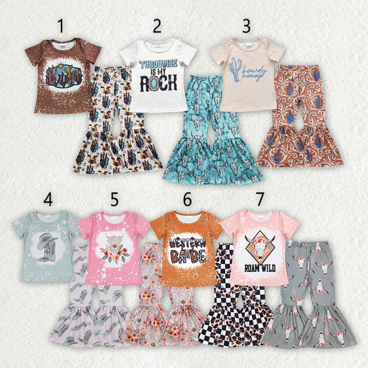Sibling Baby Girls Western Shirts Bell Bottom Pants Outfits Sets