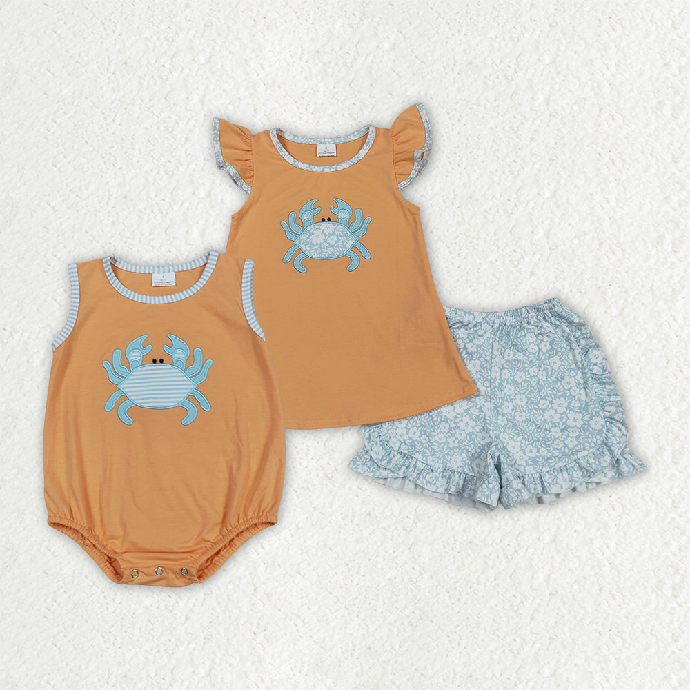 Sibling Embroidery Baby Girls Orange Crab Rompers Outfits Sets