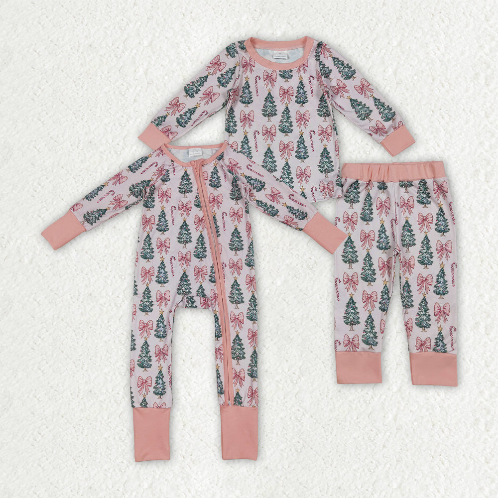 Sibling Baby Girls Pink Christmas Trees Rompers Pajamas Sets