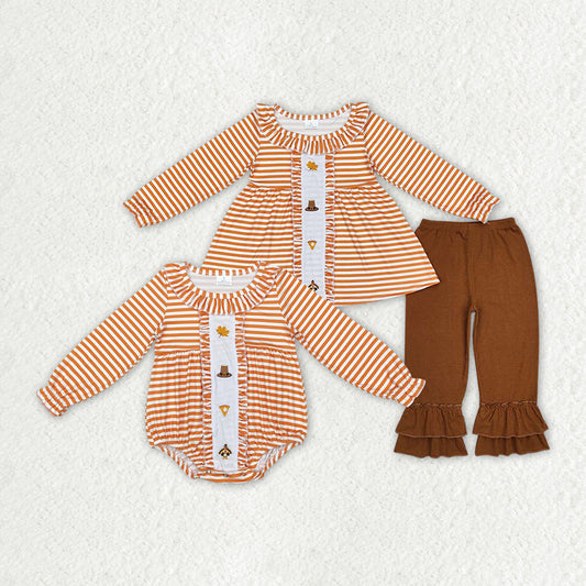 Sibling Baby Girls Thanksgiving Turkey Rompers Pants Clothes Sets