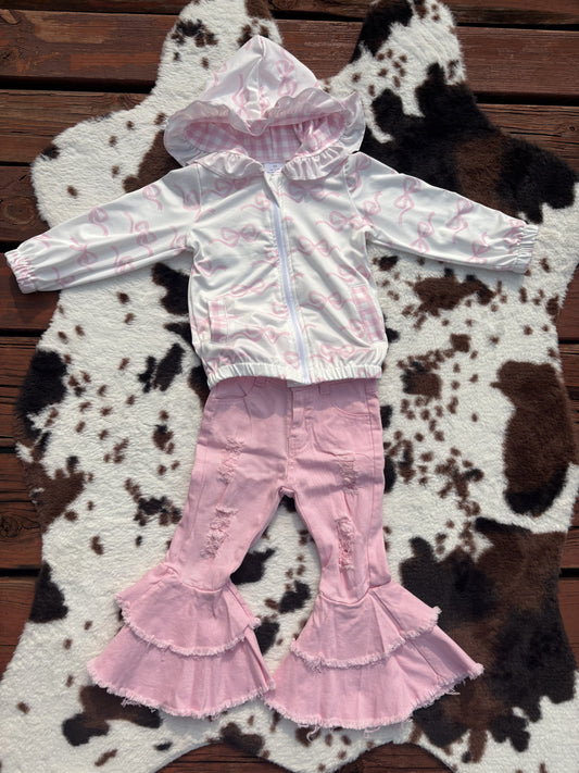 Baby Girls Spring Bows Pink Hooded Zip Pullovers Top Bell Denim Jeans Clothes Sets