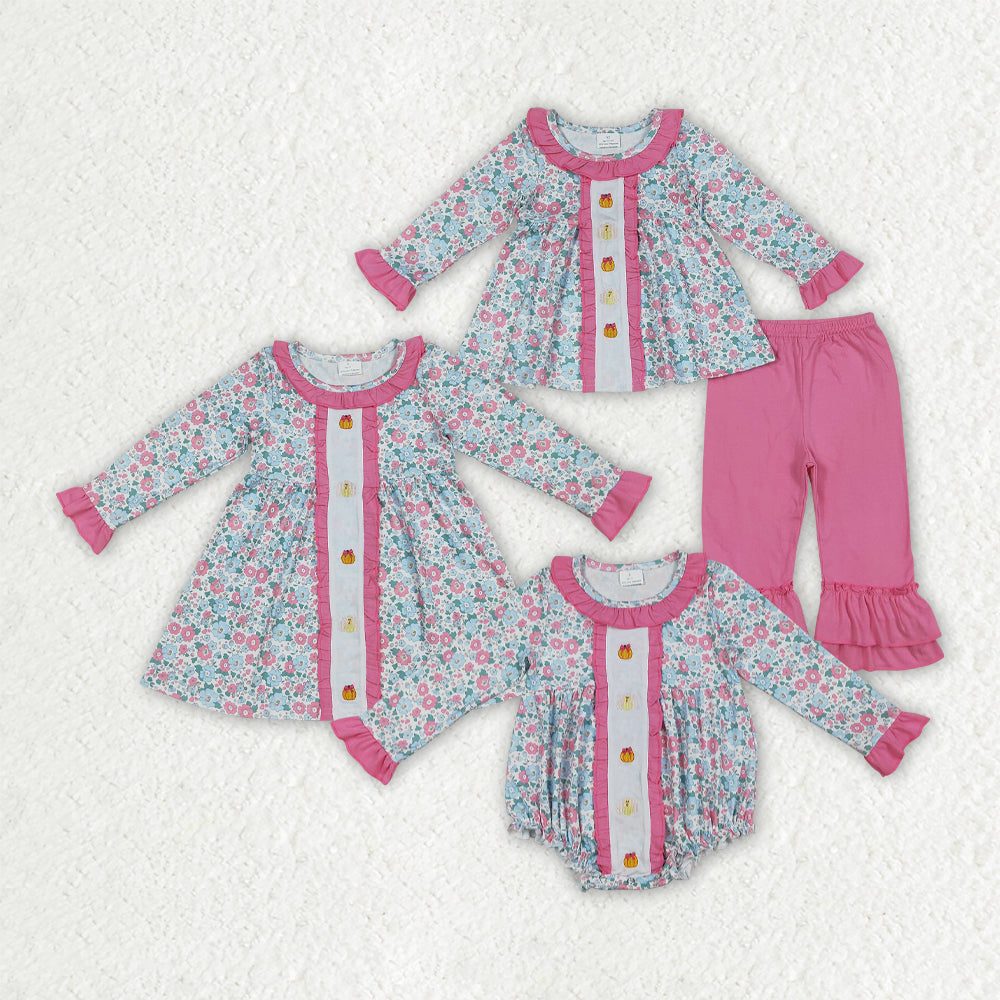 Sibling Embroidery Baby Girls Floral Turkey Pumpkins Rompers Dresses Sets
