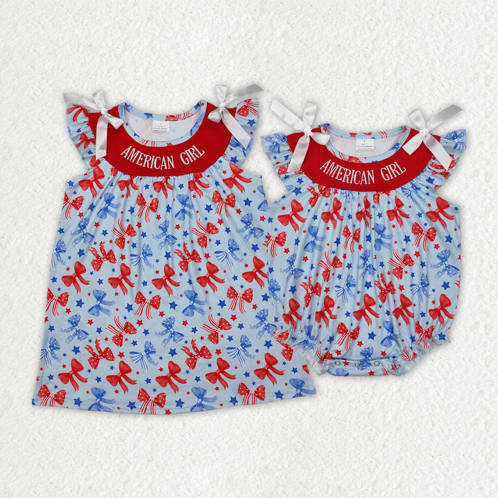 Sibling Embroidery Baby Girls American Girl Bows Rompers Dresses