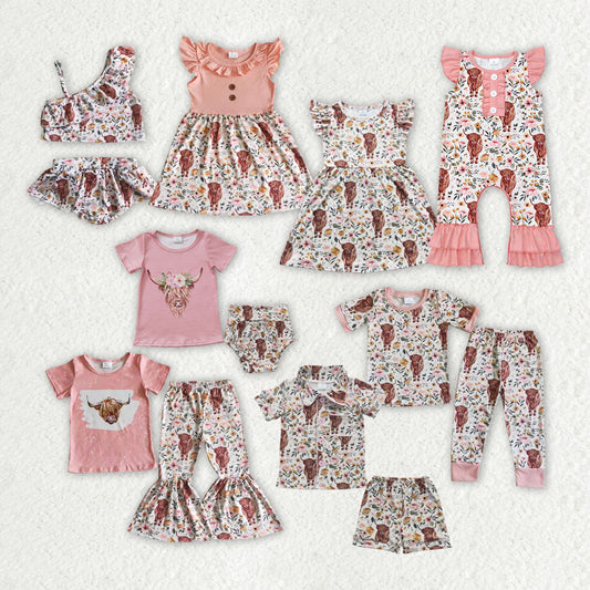 Sibling Baby Girls Western Highland Cow Pink Sister Clothes Sets