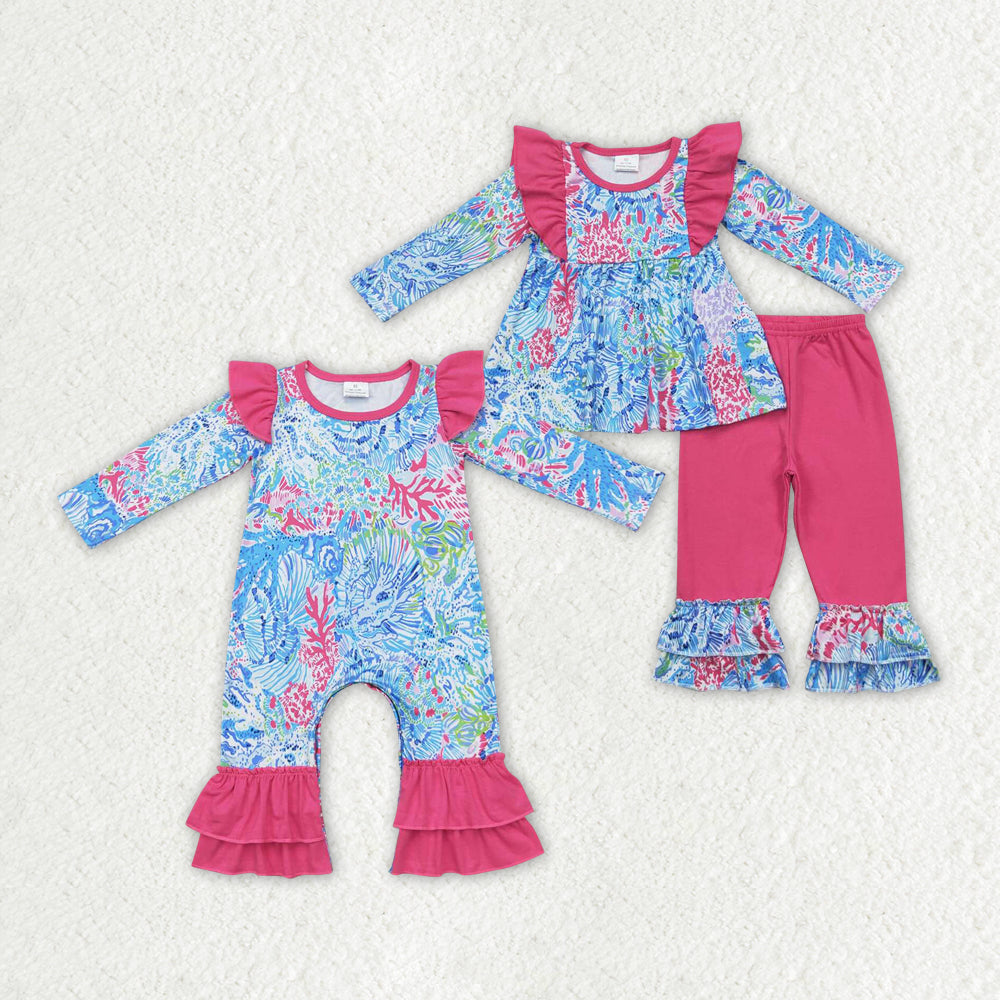 Baby Girls Pink Seaweed Sibling Rompers Clothes Sets